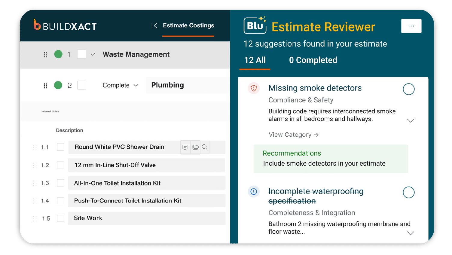 A concept showing how the Blu Building Assistant reviews estimates for errors